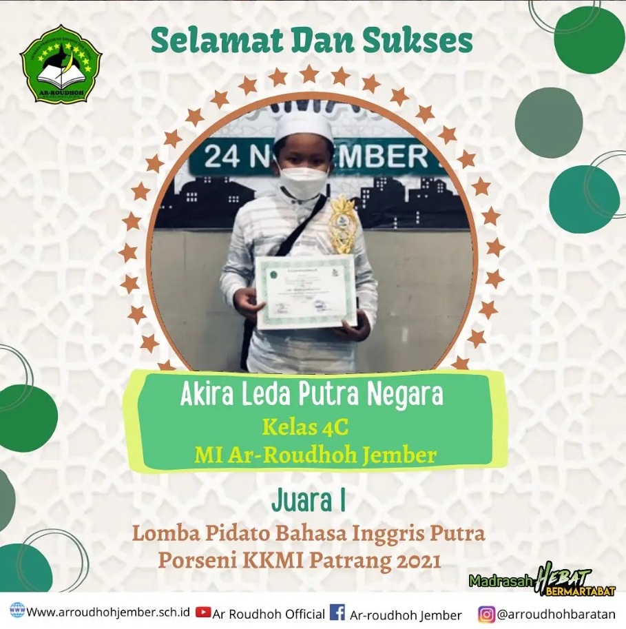 Siswa MI Ar Roudhoh Raih Juara 1 Lomba Pidato Bahasa Inggris Putra pada PORSENI KKMI Patrang 2021