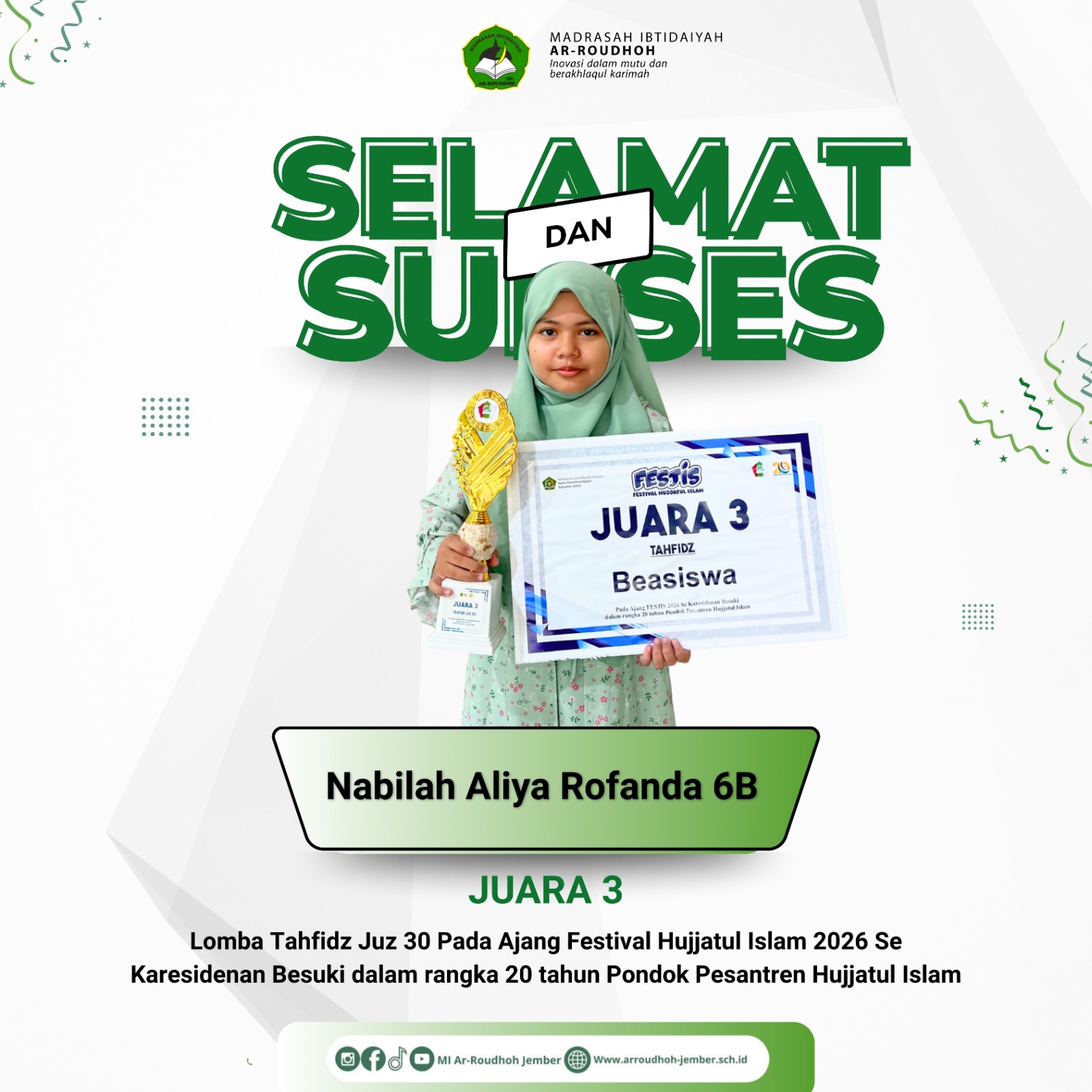 Nabilah Aliya Rofanda Raih Juara 3 Lomba Tahfidz Juz 30 Festival Hujjatul Islam 2026