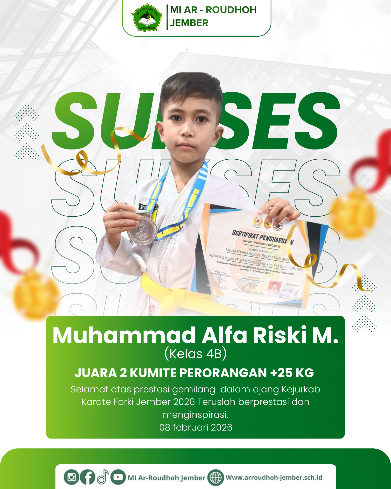 Juara 2 Kumite Perorangan +25 Kg pada Kejurkab Karate FORKI Jember 2026