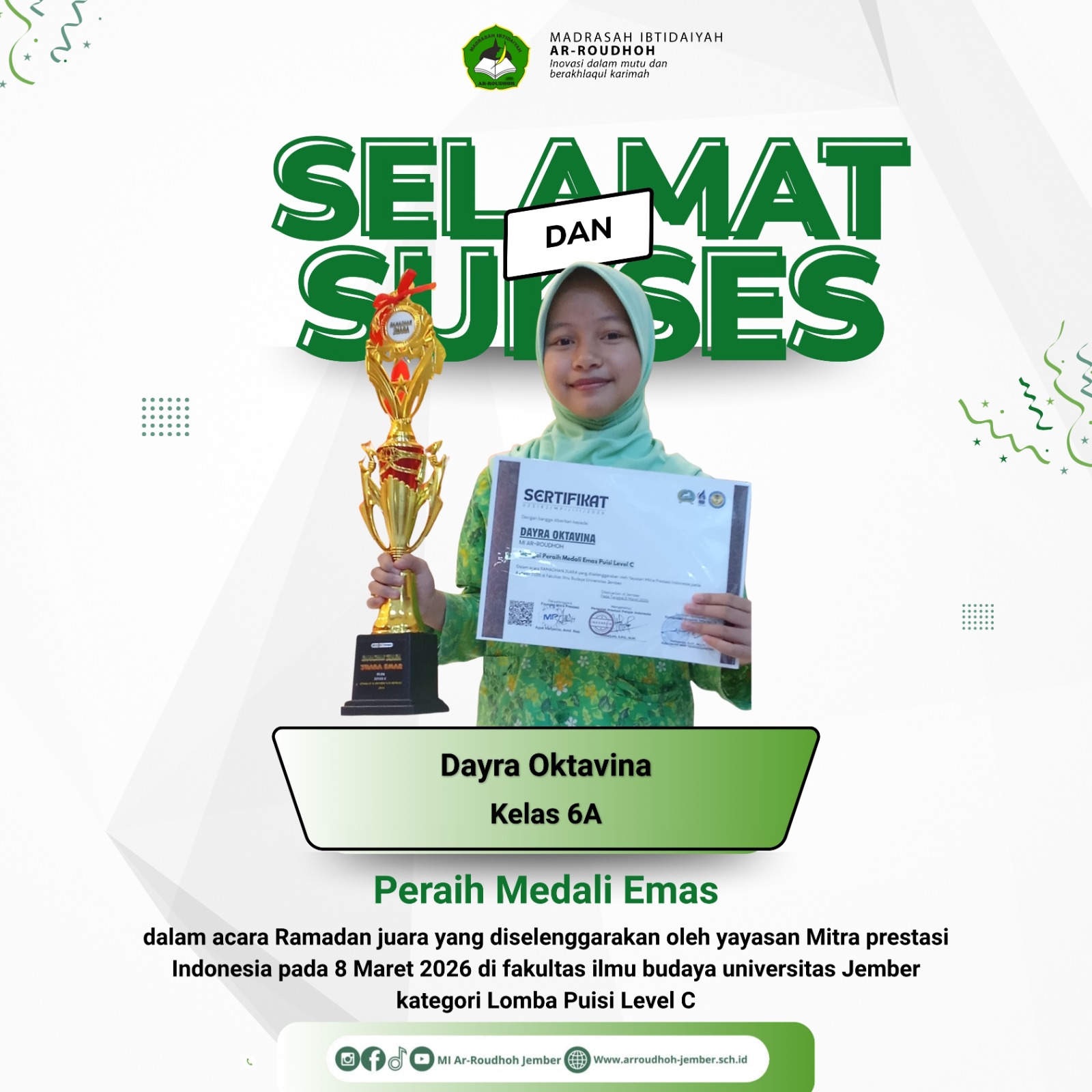 Dayra Oktavina Raih Medali Emas Lomba Puisi pada Ajang Ramadan Juara 2026