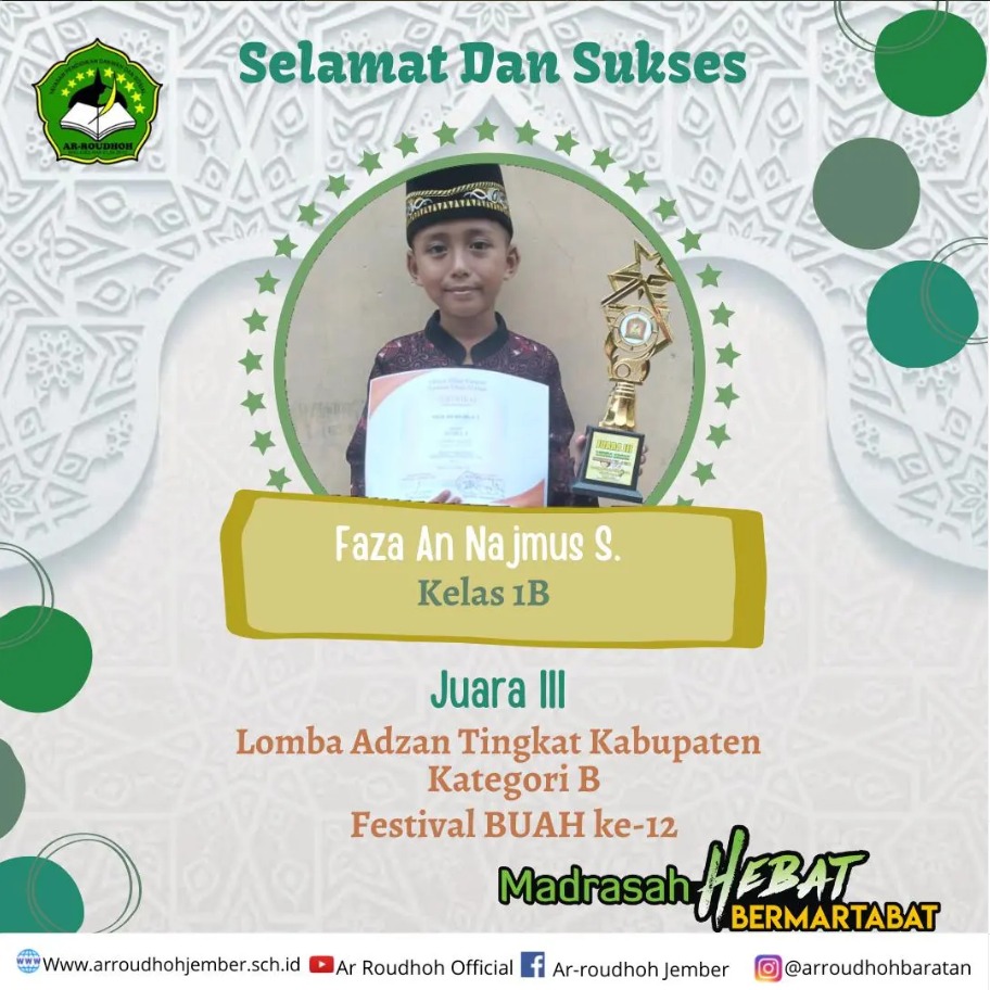 Feza An Na Jmus S. Raih Juara 3 Lomba Adzan Tingkat Kabupaten Jember pada Festival BUAH ke-12