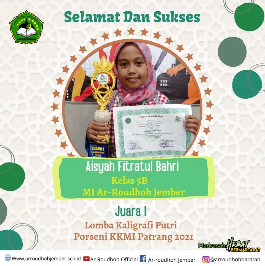 Siswa MI Ar Roudhoh Raih Juara 1 Lomba Kaligrafi Putri pada PORSENI KKMI Patrang 2021